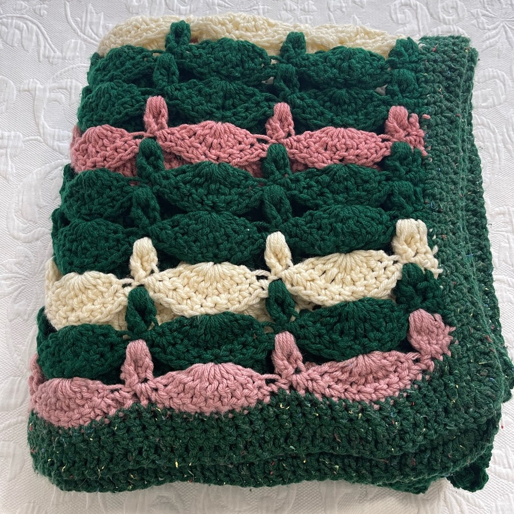 Vintage Knitted Blanket - Dark Green, Cream, and Pink